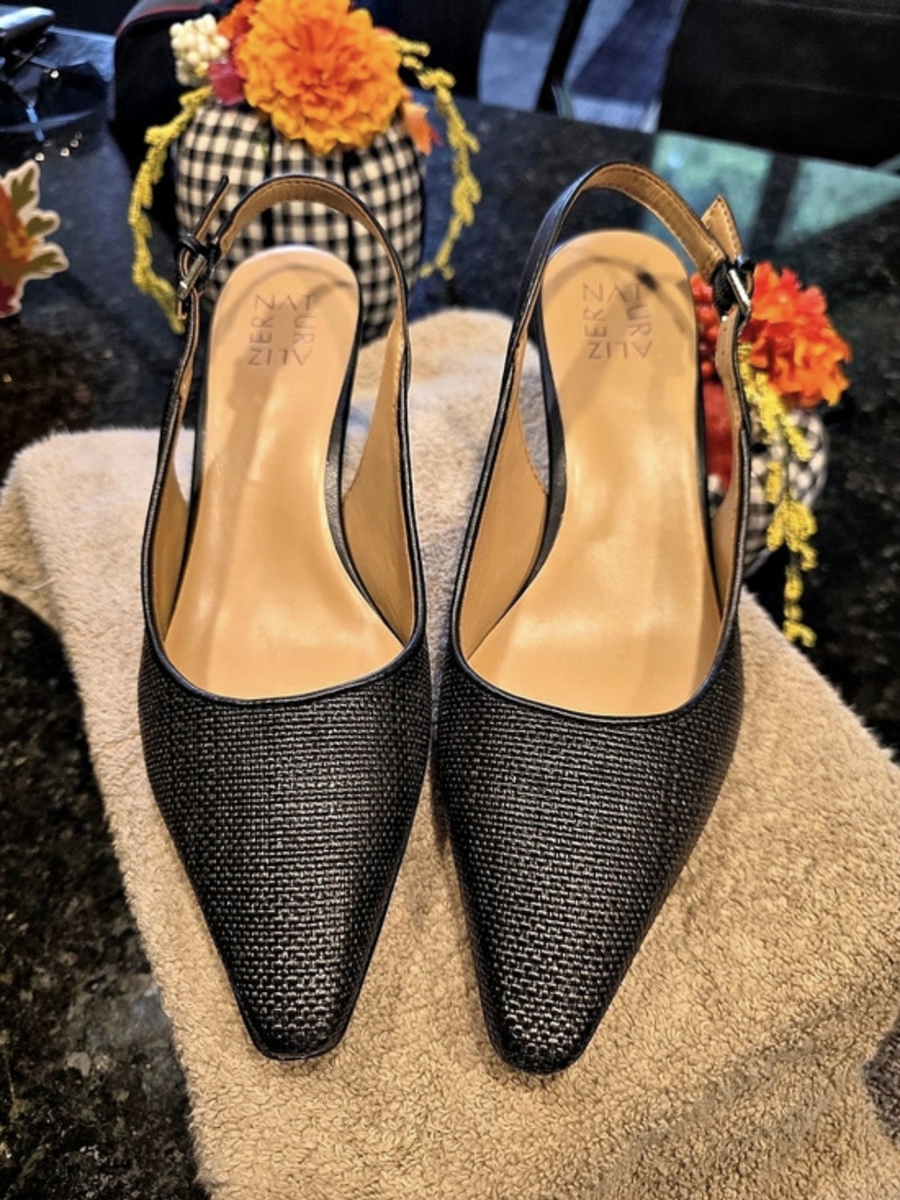 Naturalizer Tansy 2 Black Straw Slingback Heels US 8.5 M Like New